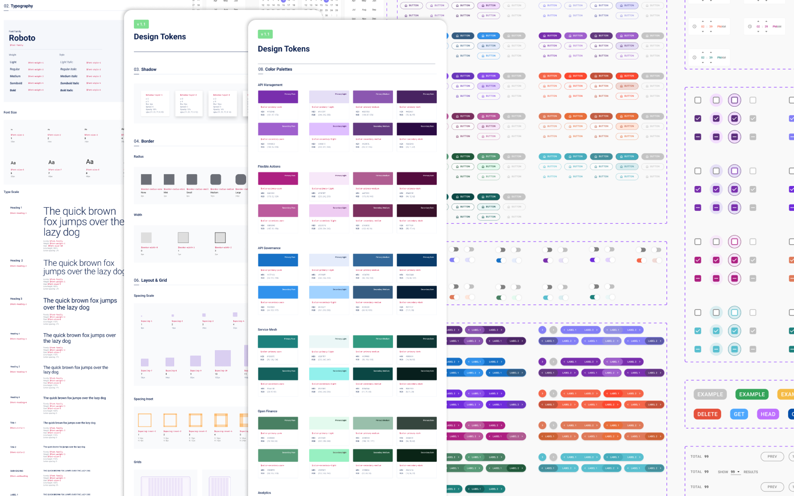 Grade completa de componentes do esSense Design System organizados por Atomic Design