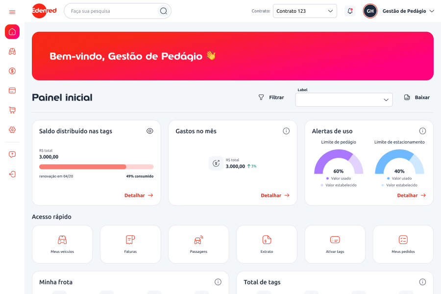 Tela do fluxo redesenhado de gestão de pedágio para frotas corporativas